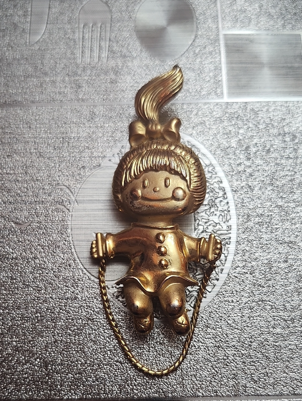AJC Girl Jumping Rope Brooch Pin Gold Tone Vintage Signed Ponytail Jewlery